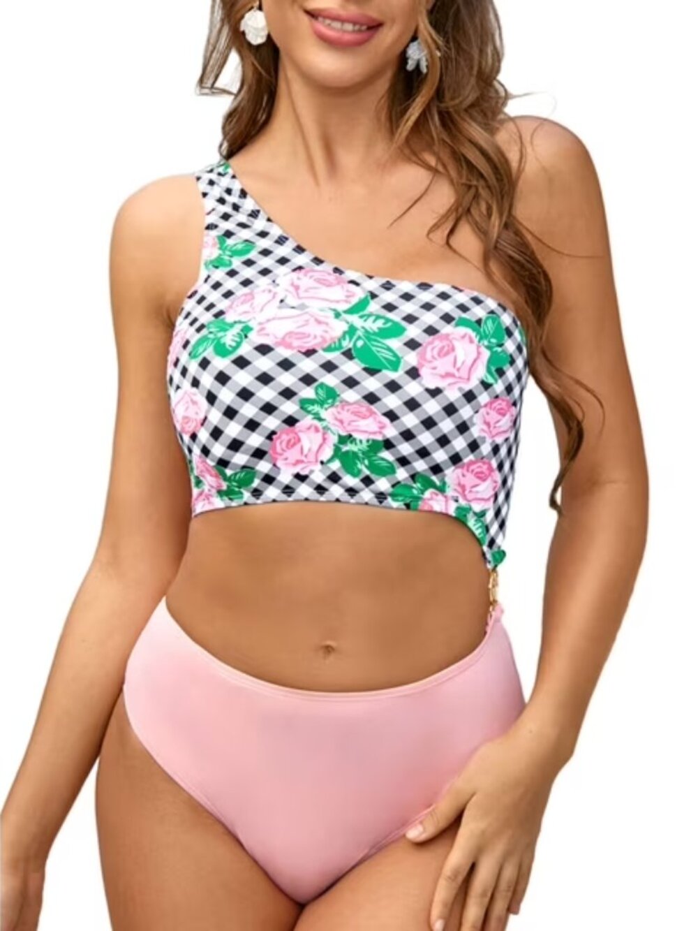 AS ROSE RICH ONE SHOULDER PINK BLACK WHITE CUTOUT MONOKINI SWIMSUIT SIZE MED NWT